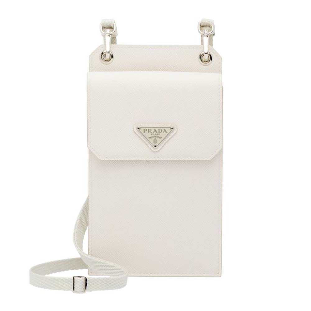 Front view of Prada Men Saffiano Leather Smartphone Case-White with logo detail