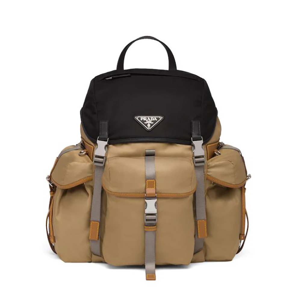 Front view of Prada Men Technical Fabric Nylon Backpack-Brown showing zip closure