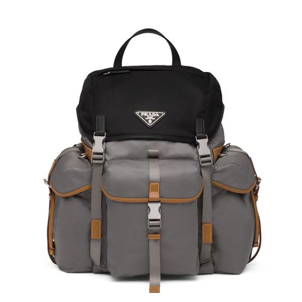 Front view of Prada Men Technical Fabric Nylon Backpack-Silver with zip details