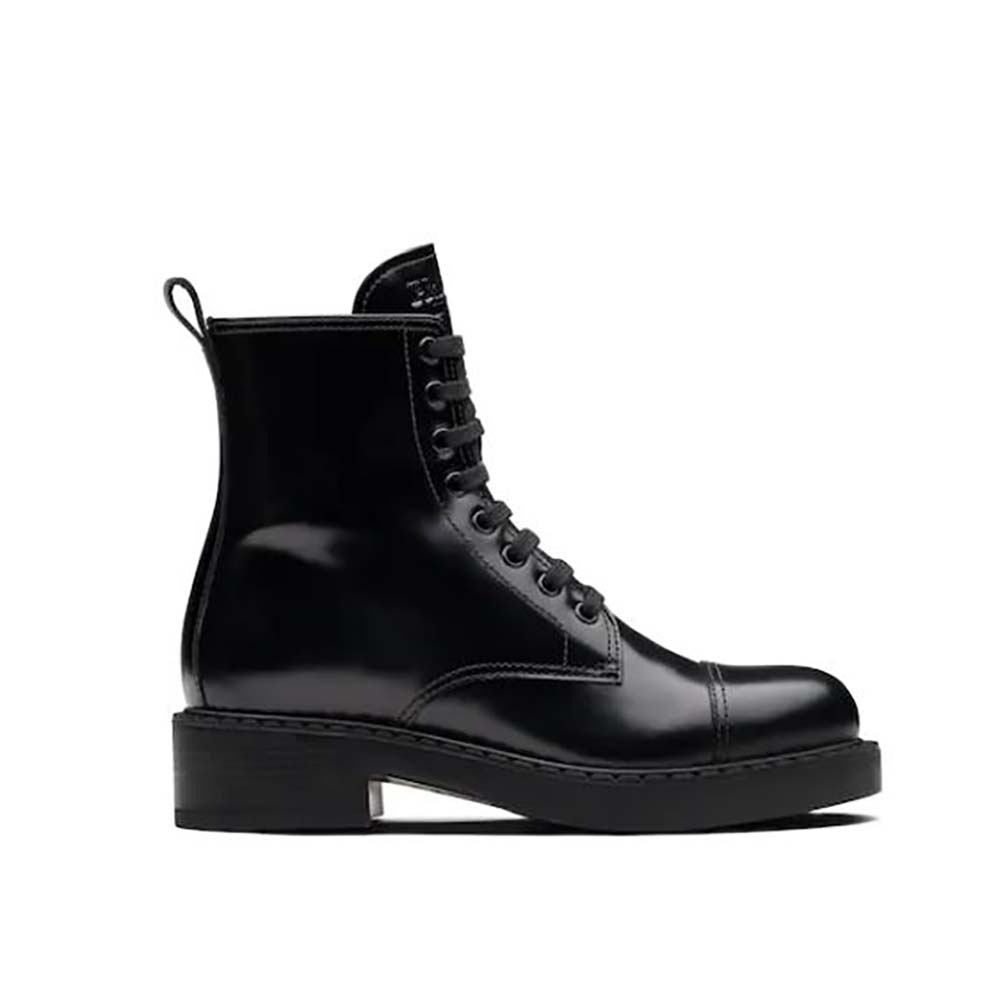 Side profile of Prada Women Brushed Leather Laced Booties-Black showing silhouette