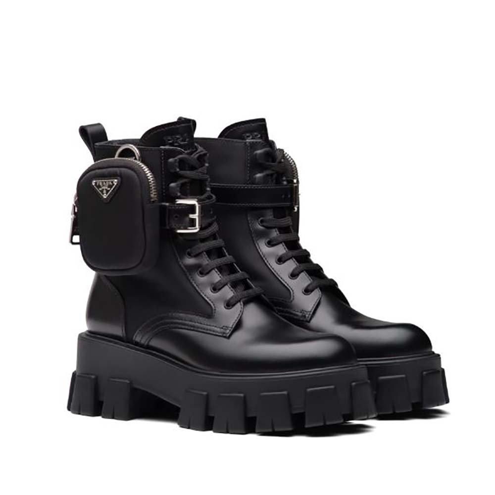 Side profile of Prada Women Brushed Rois Leather and Nylon Monolith Boots