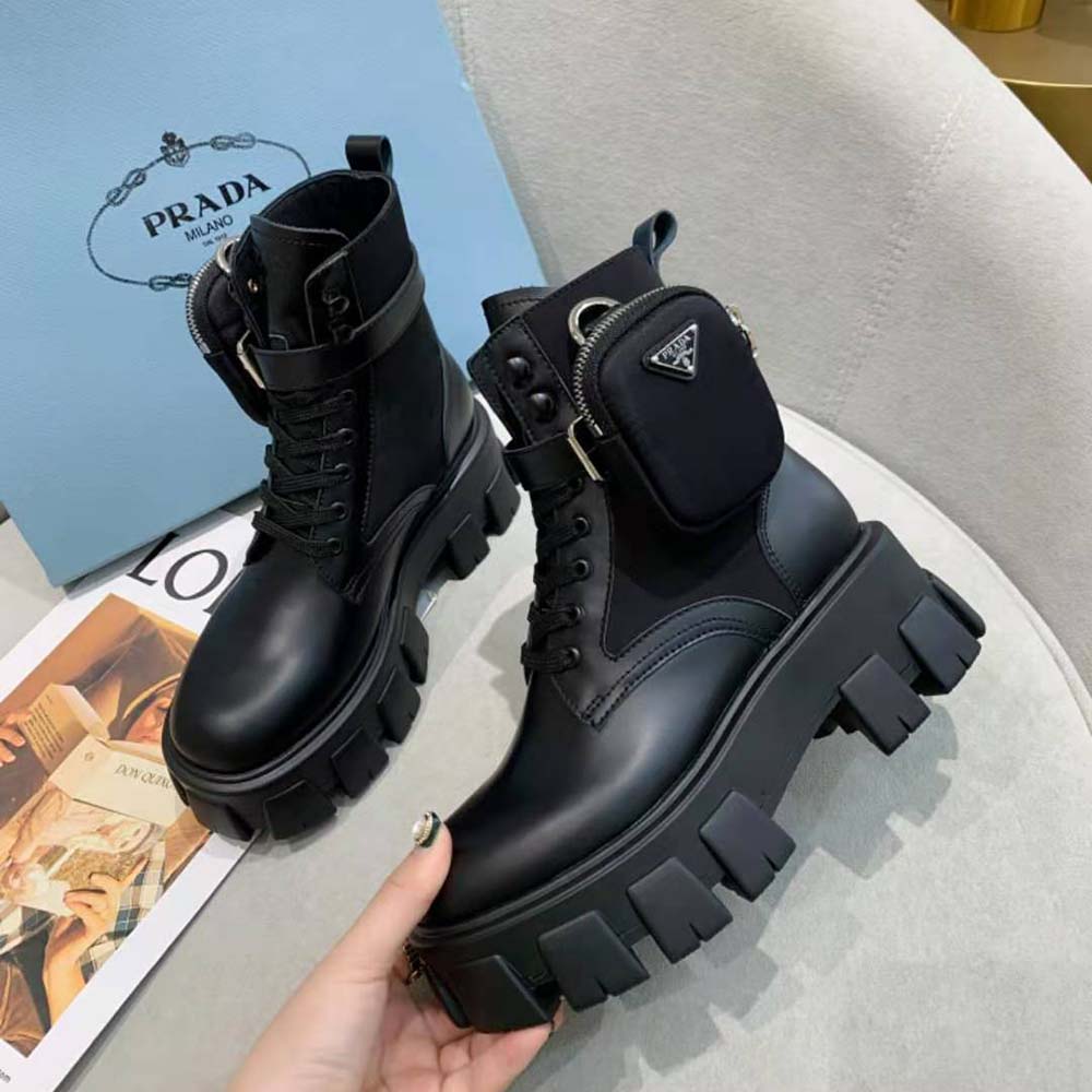 Front view showing lace closure on Prada Women Brushed Rois Monolith Boots