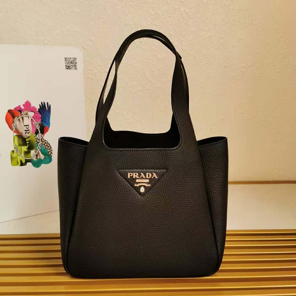 Close-up of black calf leather texture on Prada Women Calf Leather Handbag