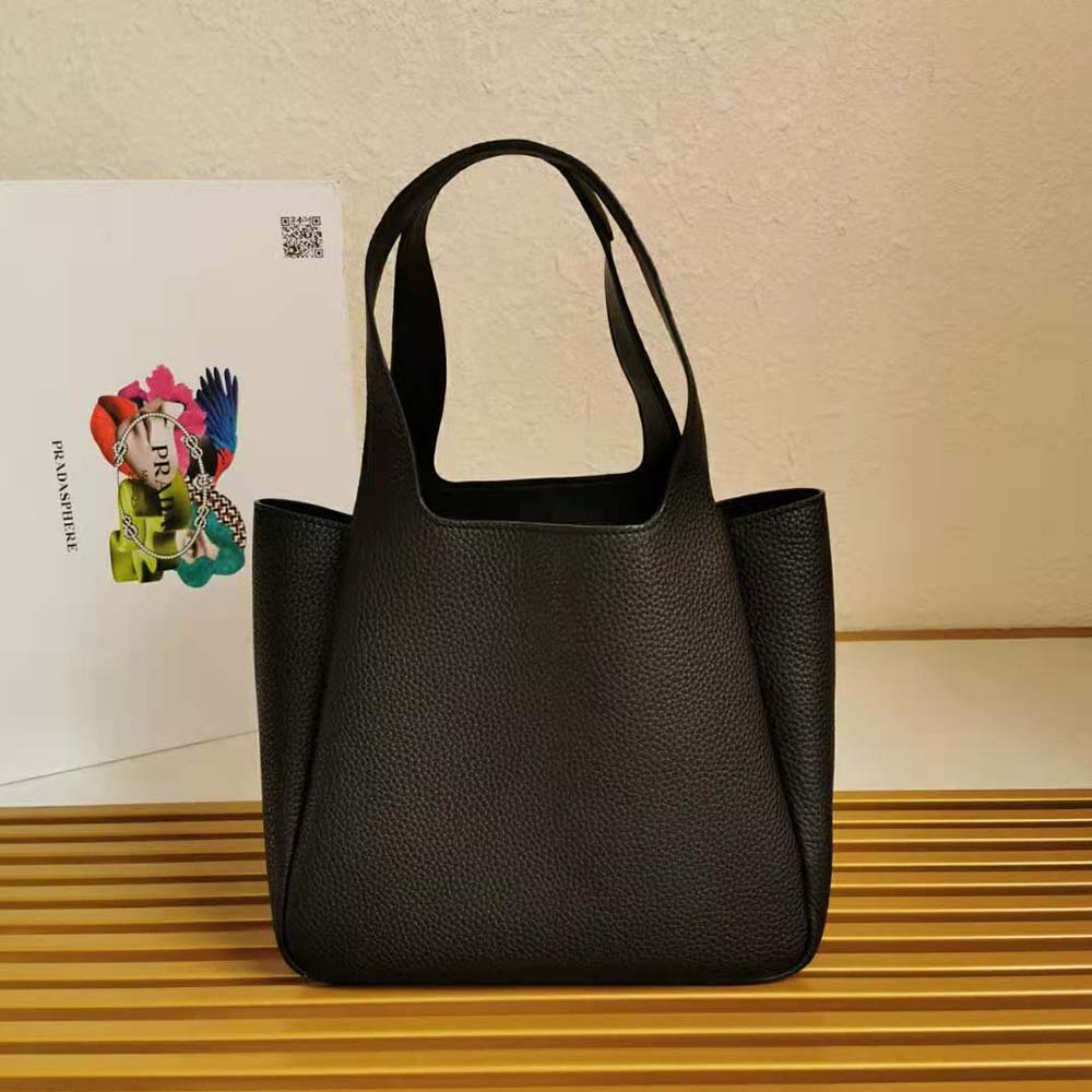 Side profile showing structured silhouette of Prada Women Calf Leather Handbag-Black