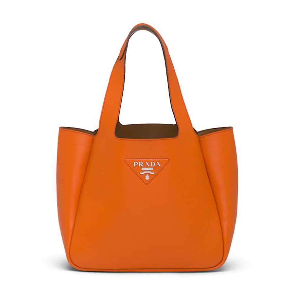 Front angle of Prada Women Calf Leather Handbag-Orange showing zipper closure