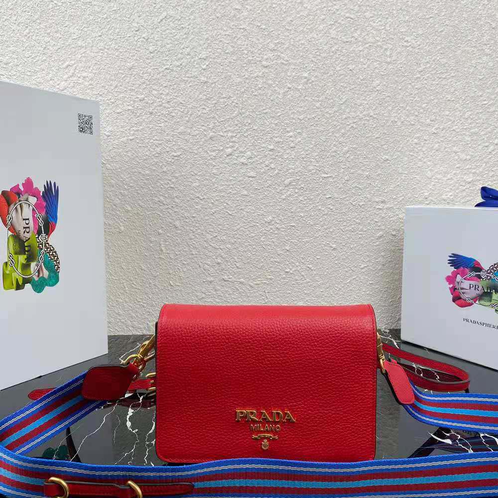 Close-up of gold hardware and red leather on Prada Women Shoulder Bag