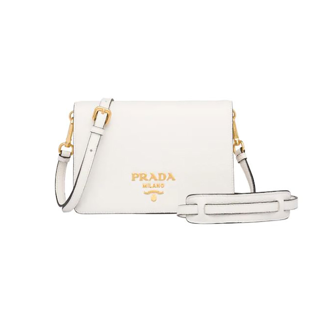 Front view of Prada Women Calf Leather Shoulder Bag-White with flap closed