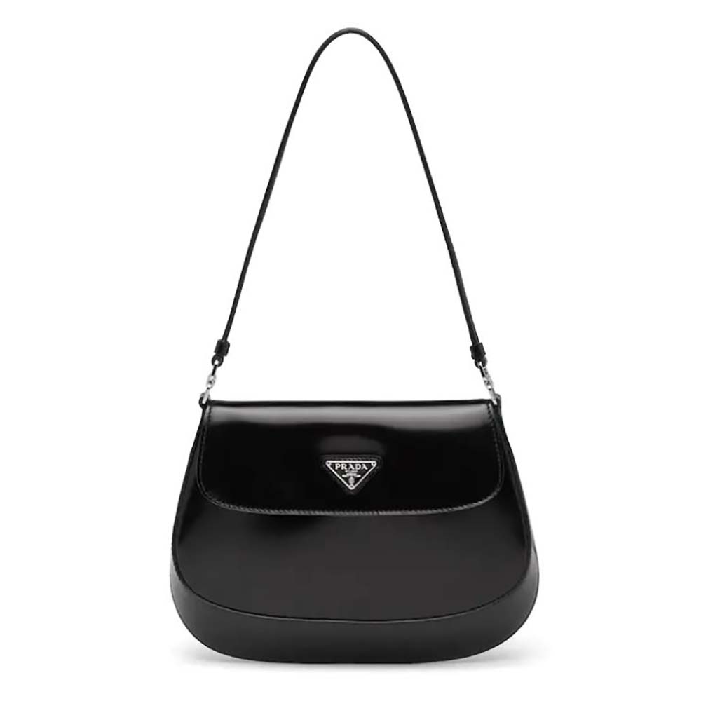 Front view of Prada Women Cleo Brushed Leather Shoulder Bag with flap in black