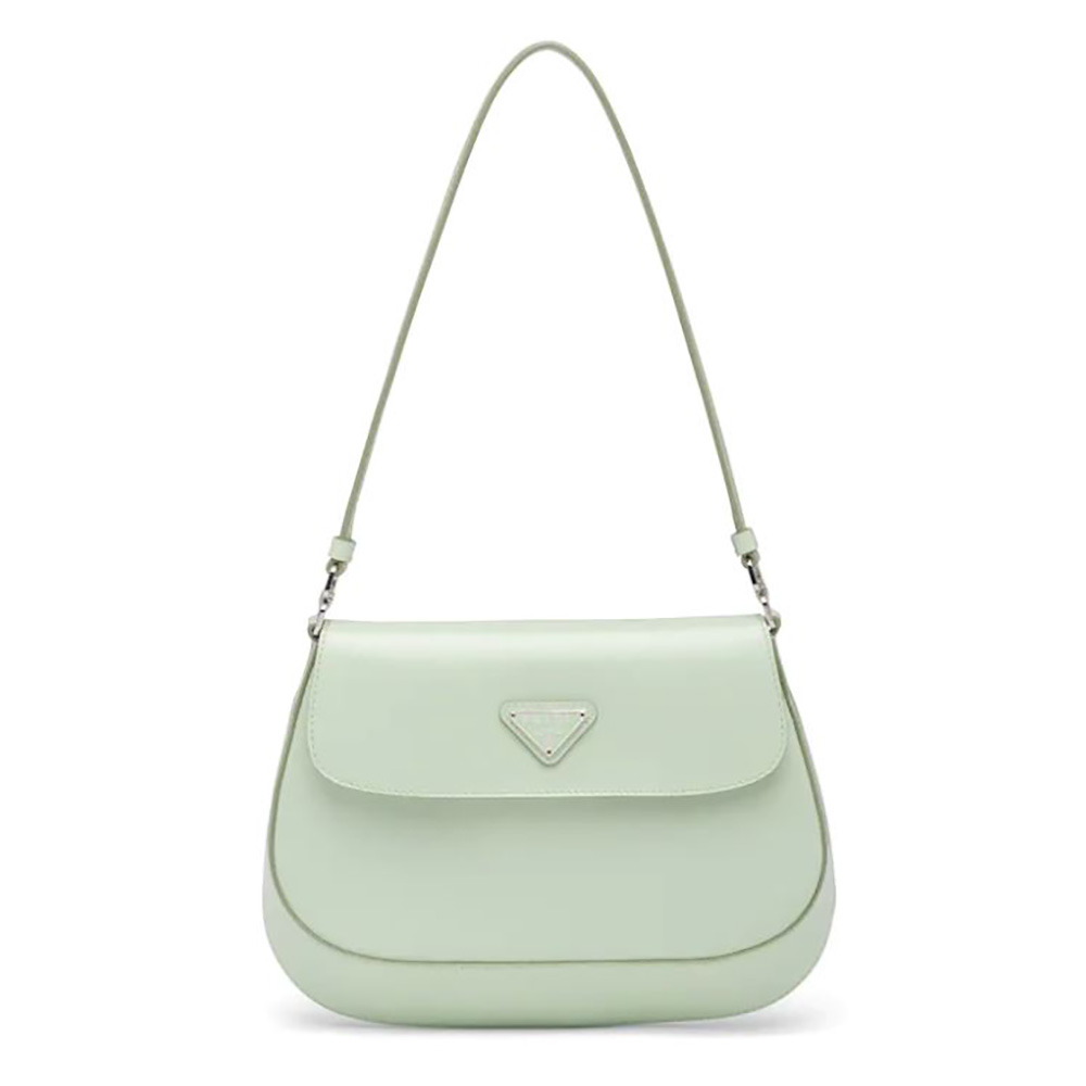 Front view of Prada Women Cleo Brushed Leather Dhoulder Bag with Flap-Lime
