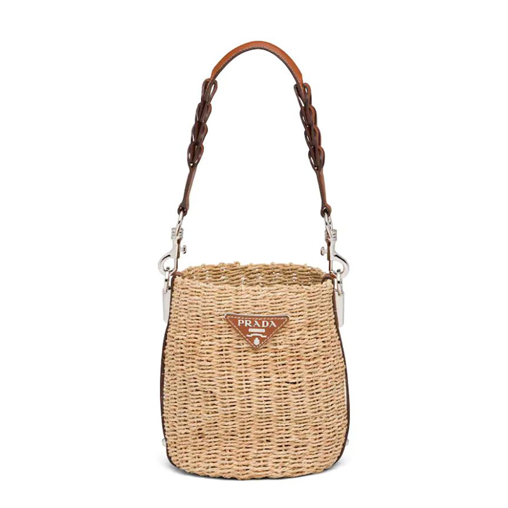 Prada Women Corn Husk and Leather Bucket Bag front view showing brown leather