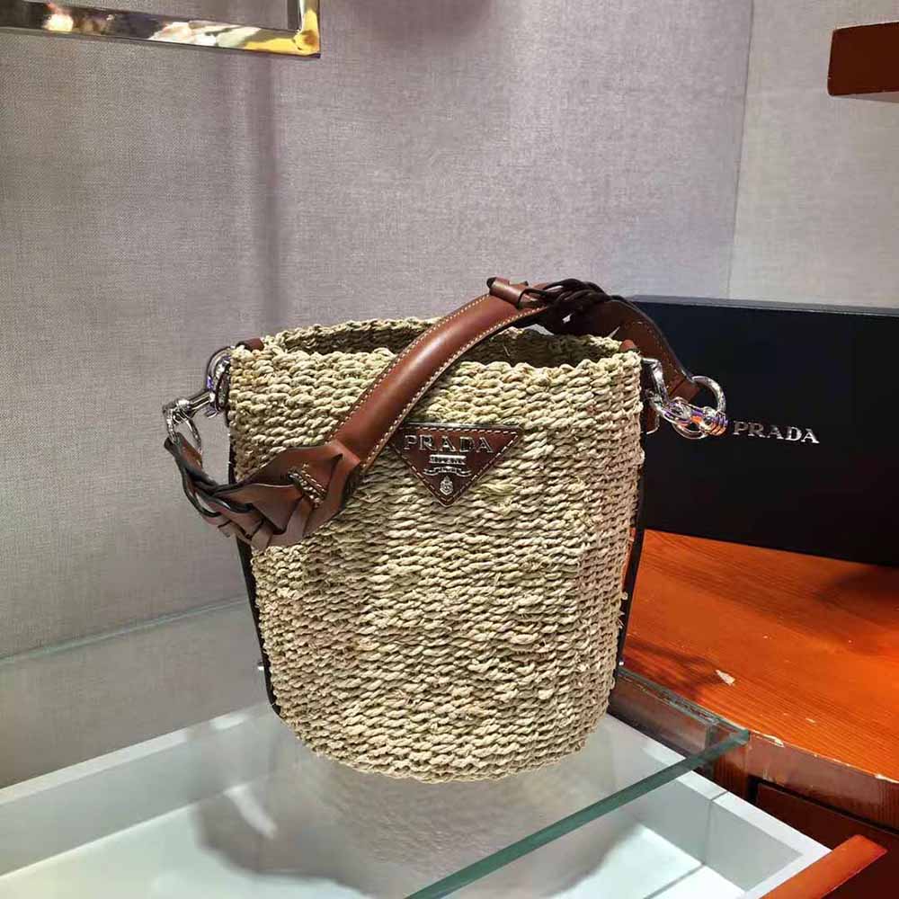 Prada Women Corn Husk and Leather Bucket Bag - image 5
