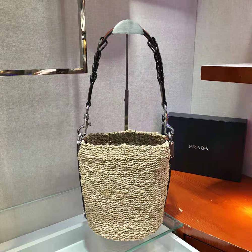 Prada Women Corn Husk and Leather Bucket Bag - image 6