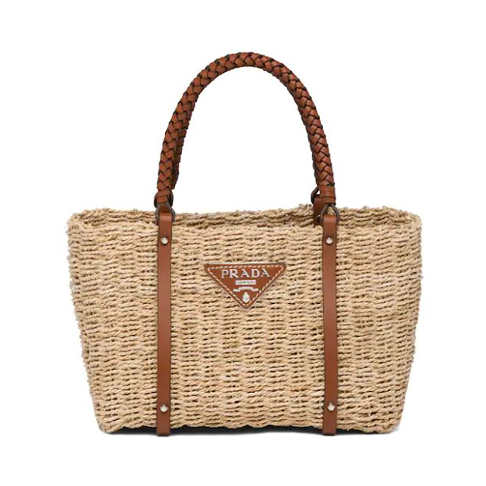 Front view of Prada Women Corn Husk and Leather Tote in brown