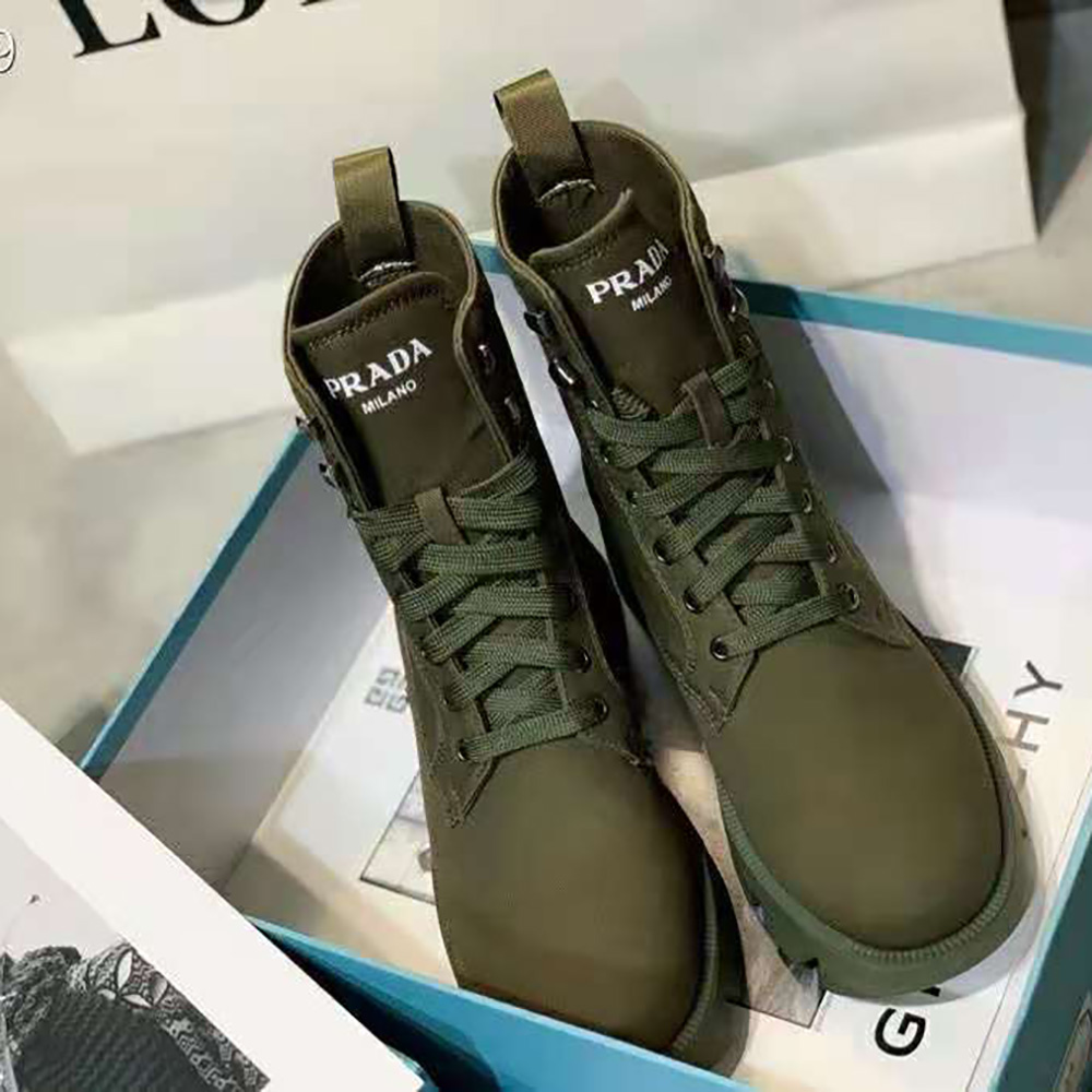 Overhead view highlighting texture of Prada Women Denim Laced Booties-Green