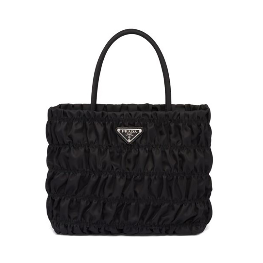 Front view of Prada Women Embossed Nylon Tote-Black showing embossed texture