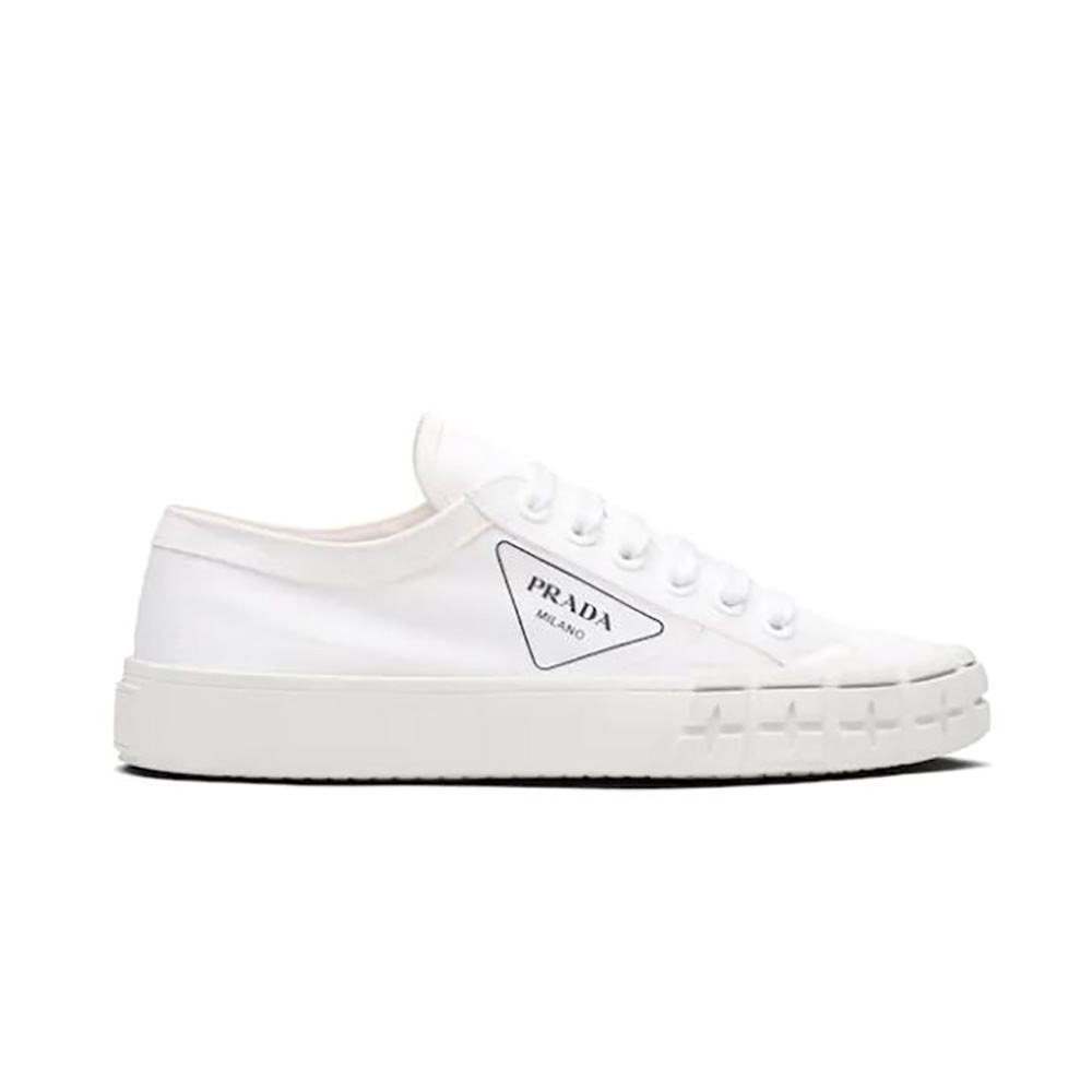 Side view of Prada Women Gabardine Fabric Sneakers-White showing sleek silhouette