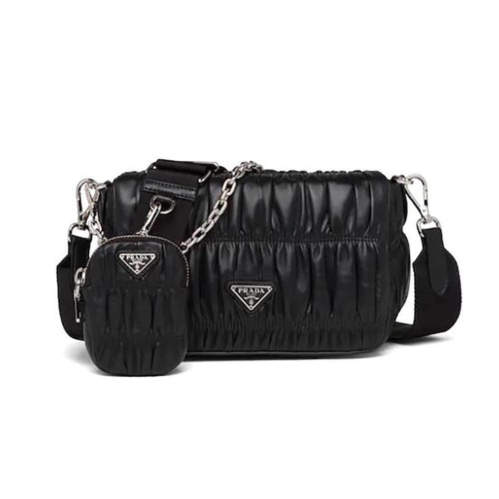 Front view of Prada Women Gaufre Nappa Leather Shoulder Bag-Black