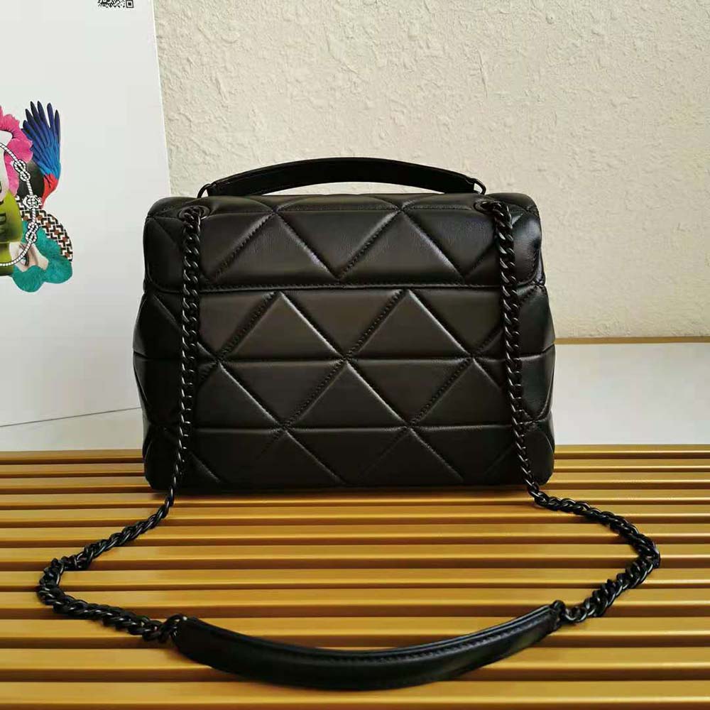 Side angle showing zip closure and texture of Prada Women Large Nappa Leather Prada Spectrum Bag-Black