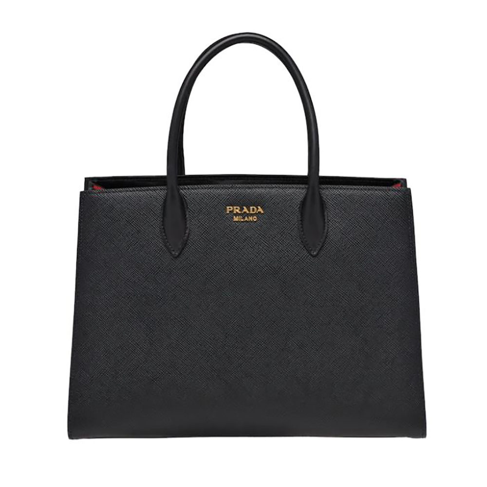 Front angle of Prada Women Large Saffiano Leather Handbag-Black showing zip closure
