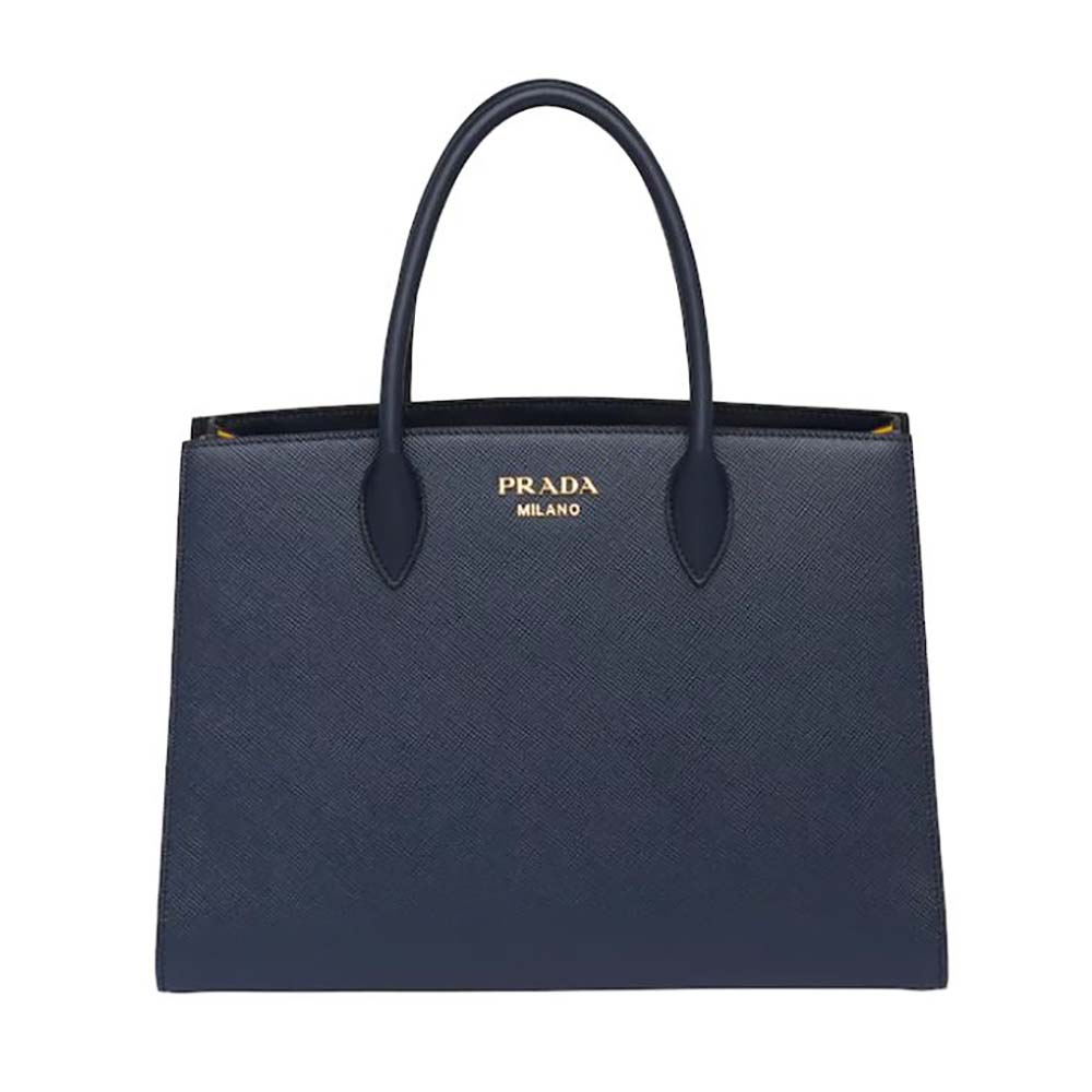 Front view of Prada Women Large Saffiano Leather Handbag-Navy with gold hardware