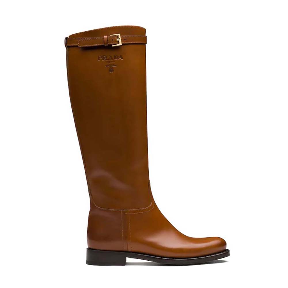 Side profile of Prada Women Leather Boots in 30 mm Heel-Brown