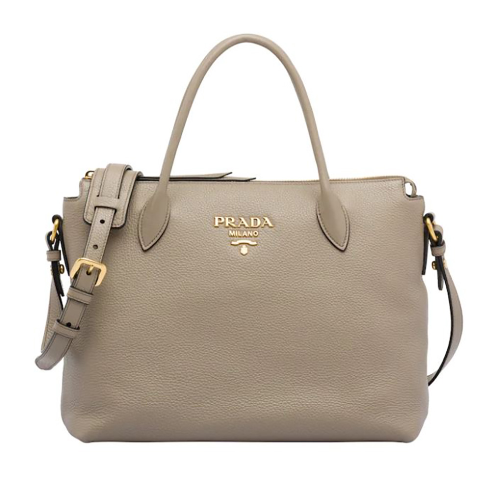 Front view of Prada Women Leather Handbag with Metal lettering Logo beige