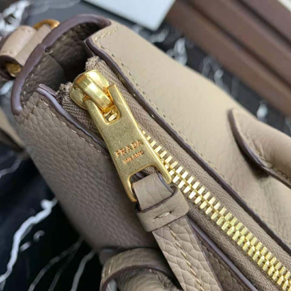Prada Women Leather Handbag with Metal lettering Logo on the Front-Beige - image 10