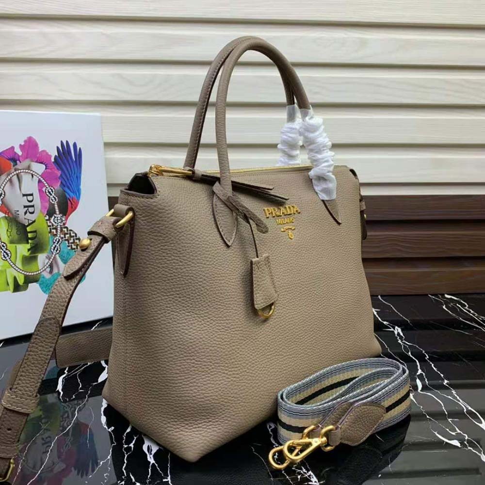 Prada Women Leather Handbag with Metal lettering Logo on the Front-Beige - image 4