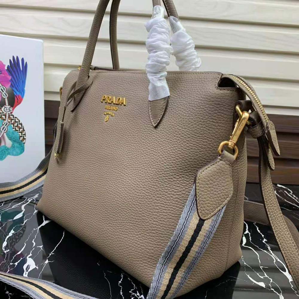 Prada Women Leather Handbag with Metal lettering Logo on the Front-Beige - image 5
