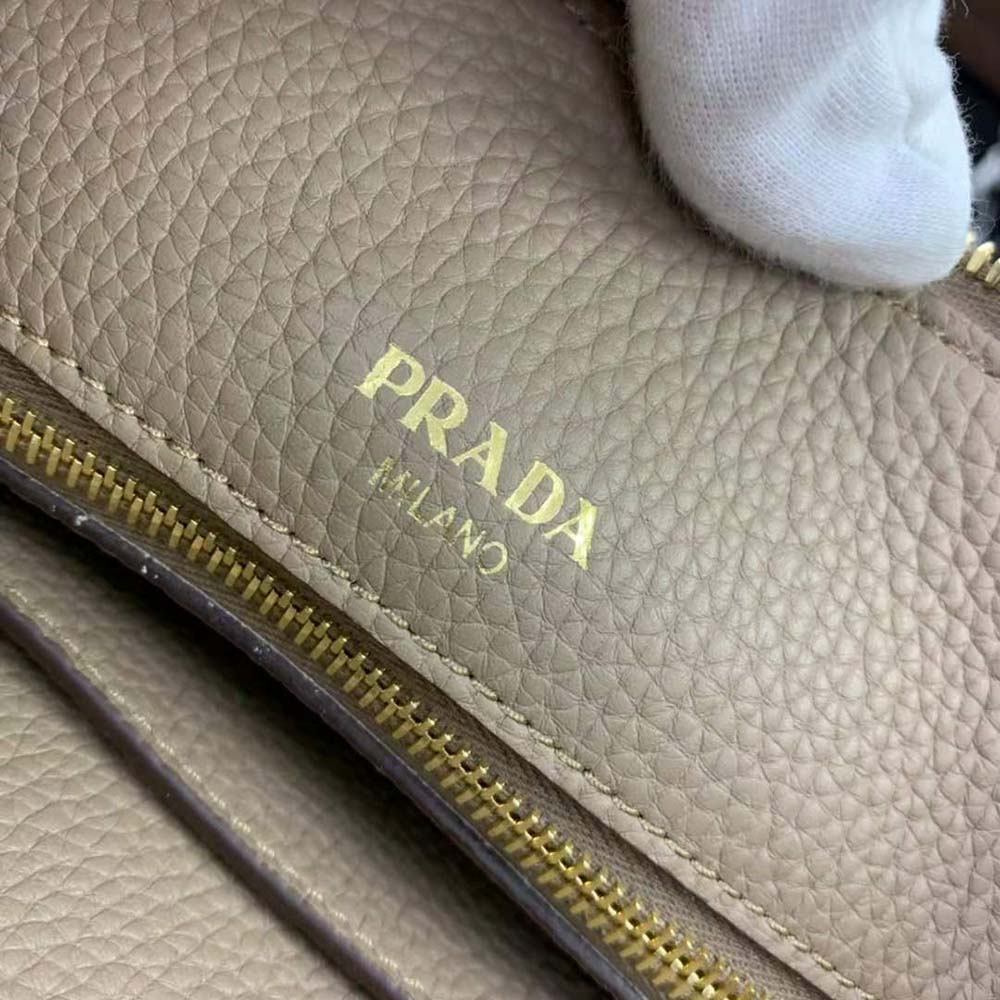 Prada Women Leather Handbag with Metal lettering Logo on the Front-Beige - image 8