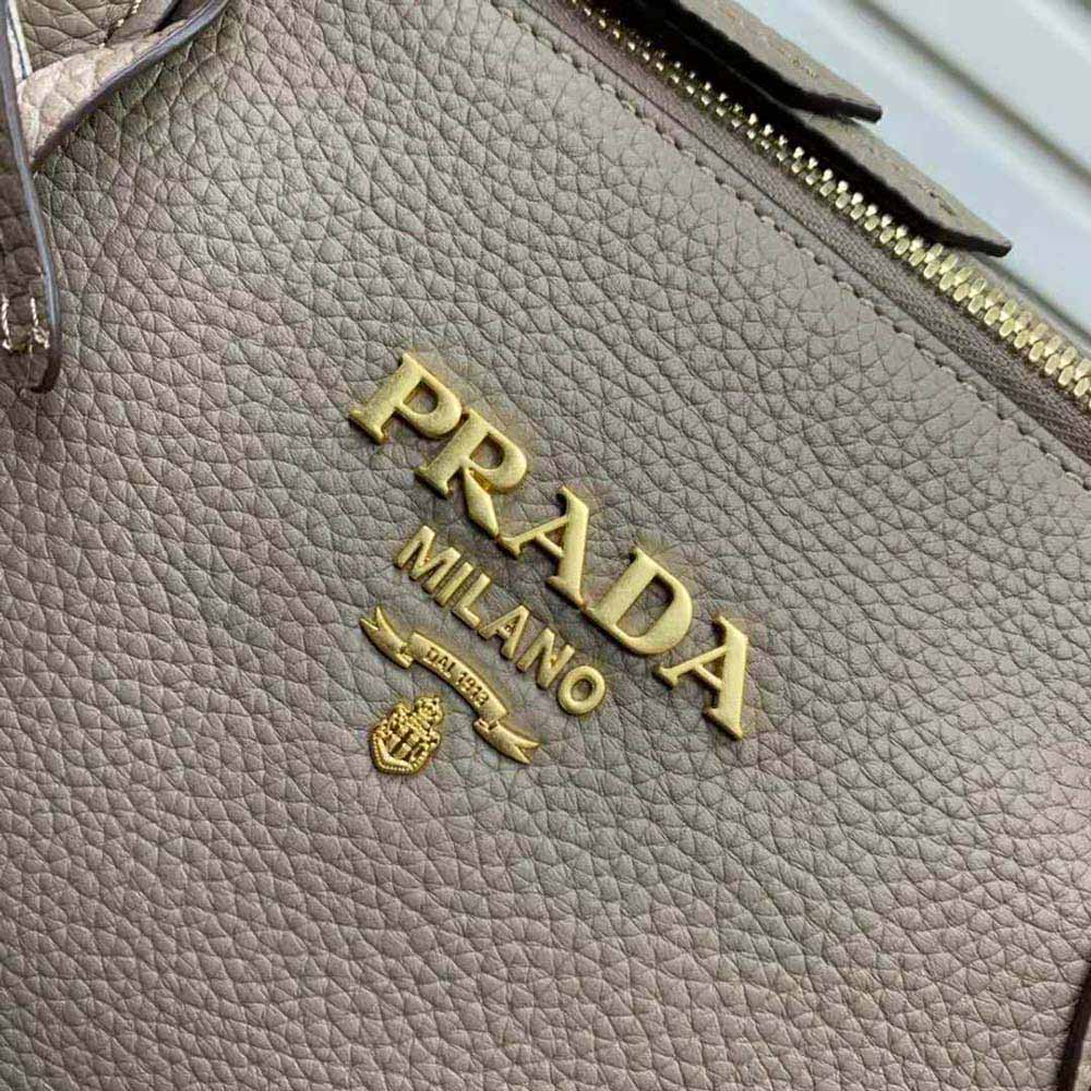 Prada Women Leather Handbag with Metal lettering Logo on the Front-Beige - image 9