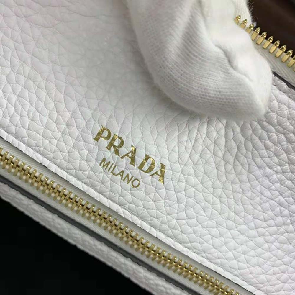 Prada Women Leather Handbag with Metal lettering Logo on the Front-White - image 8