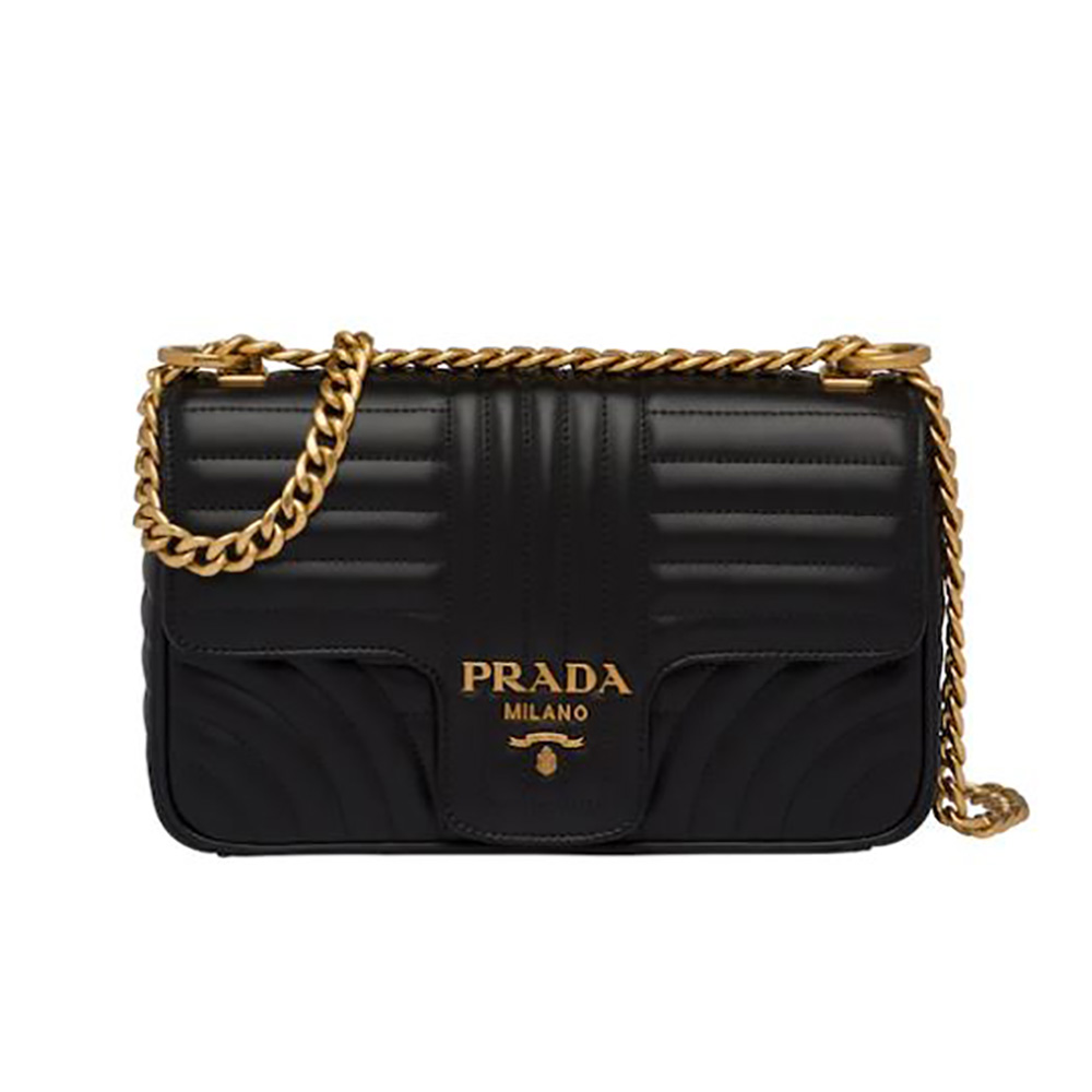 Front view of Prada Women Medium Leather Prada Diagramme Bag-Black with chevron detail