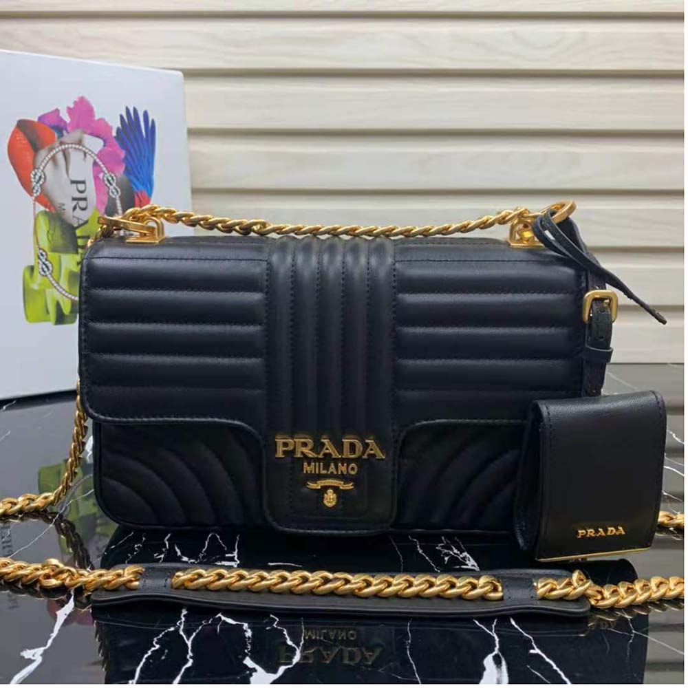 Close-up of silver-tone hardware on Prada Women Medium Leather Prada Diagramme Bag-Black