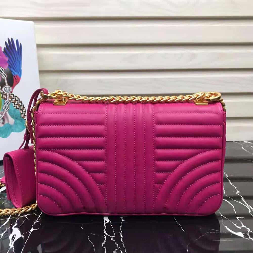 Side angle highlighting adjustable strap and rose leather texture on Prada Women Medium Leather Prada Diagramme Bag-Rose