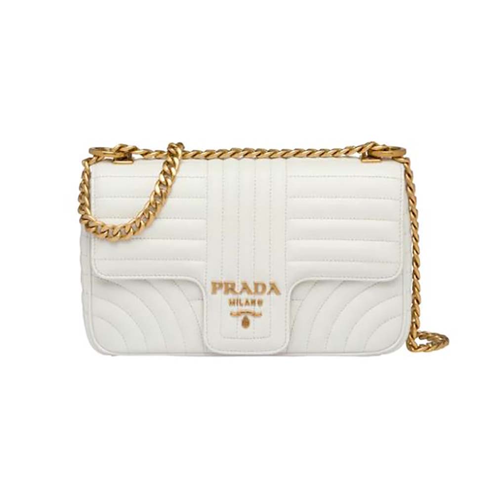 Front view of Prada Women Medium Leather Prada Diagramme Bag-White showing quilted design