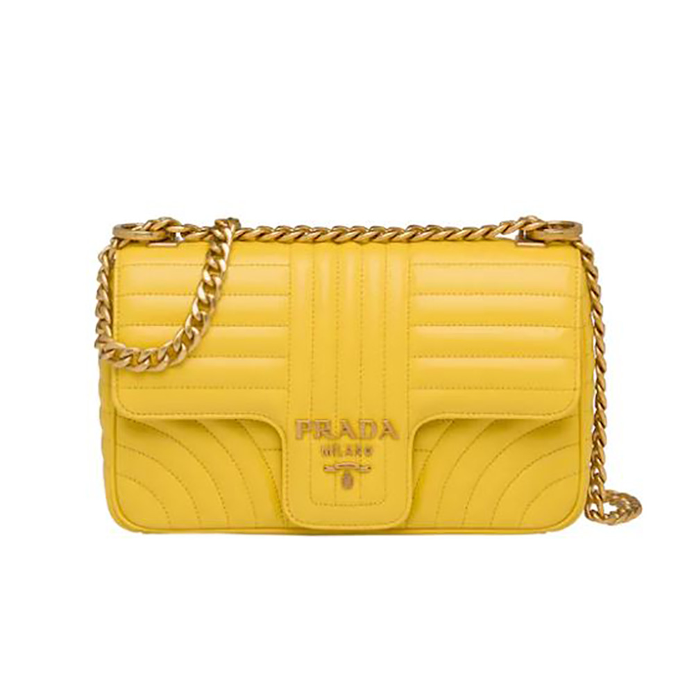 Front view of Prada Women Medium Leather Prada Diagramme Bag-Yellow with flap closed