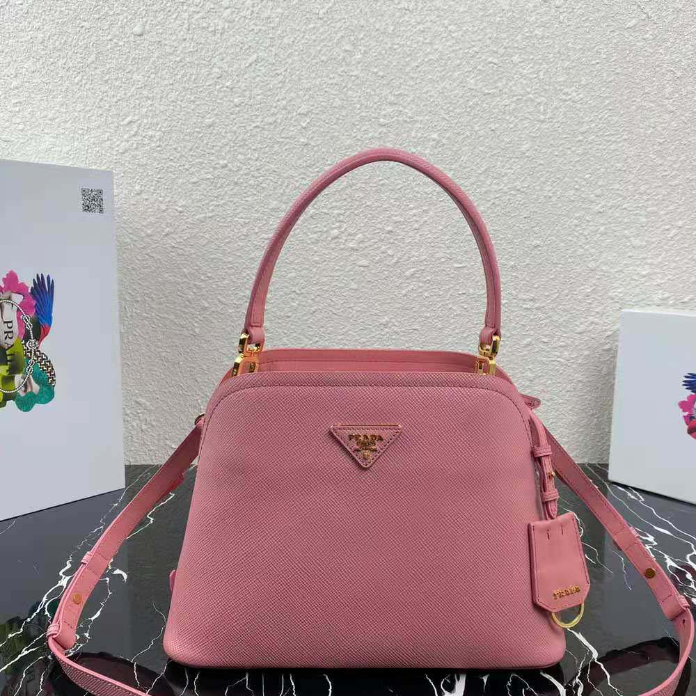 Close-up on silver hardware and logo on Prada Women Medium Saffiano Leather Prada Matinee Bag-Pink