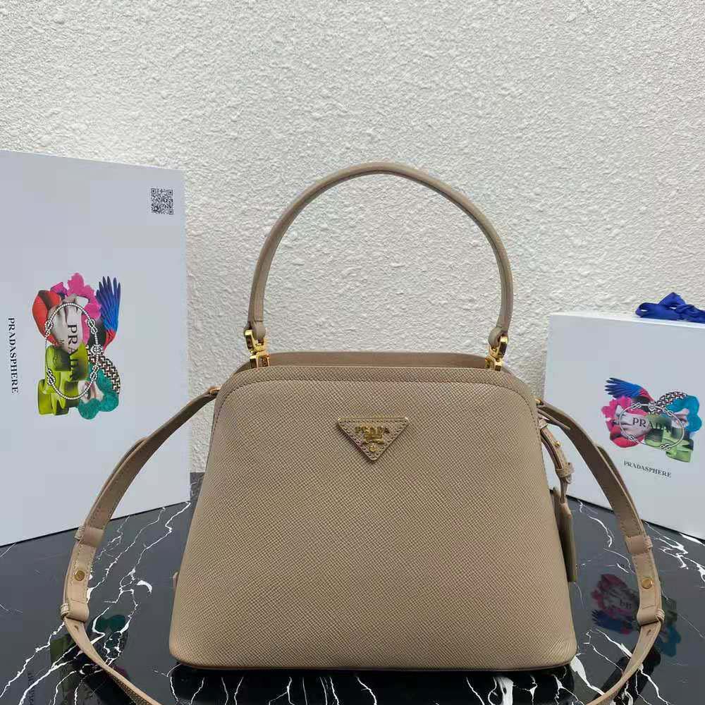 Close-up of sandy Saffiano leather texture on Prada Matinee Bag