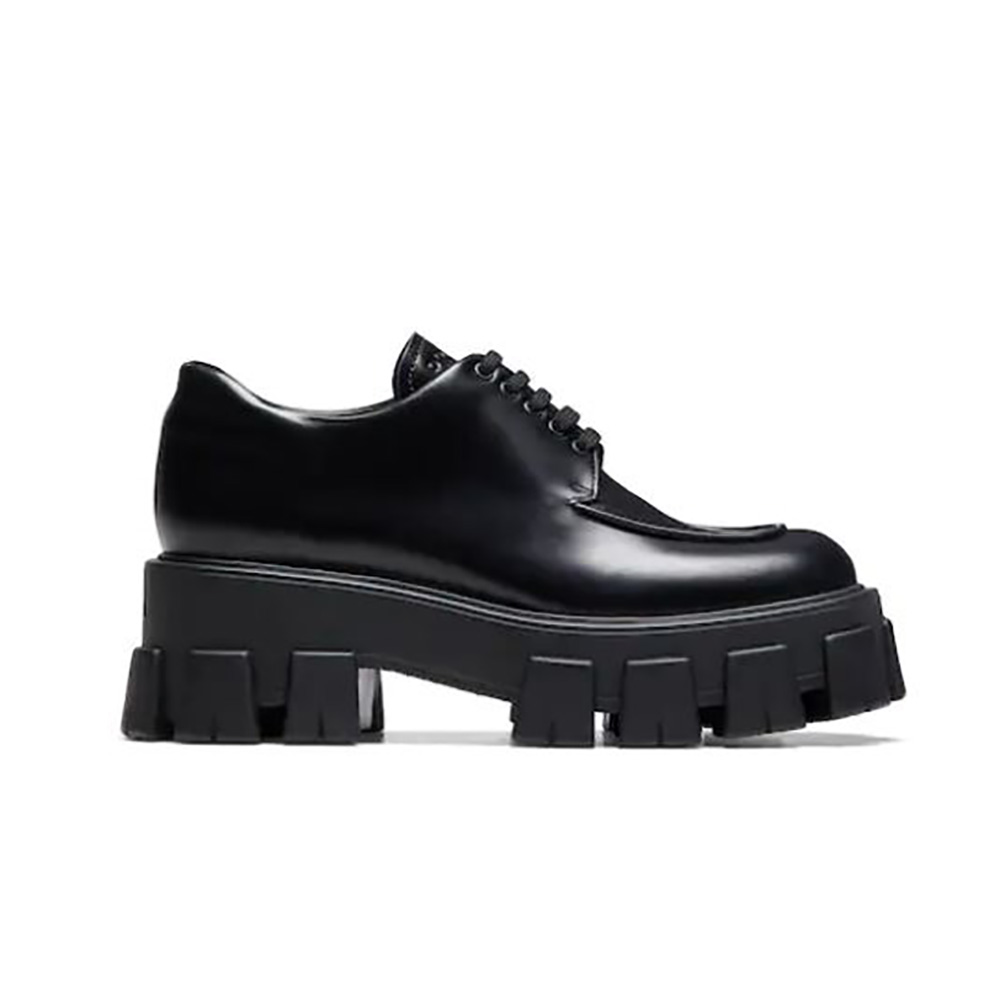 Side angle of Prada Women Monolith Brushed Calf Leather Lace-Up Shoes-Black