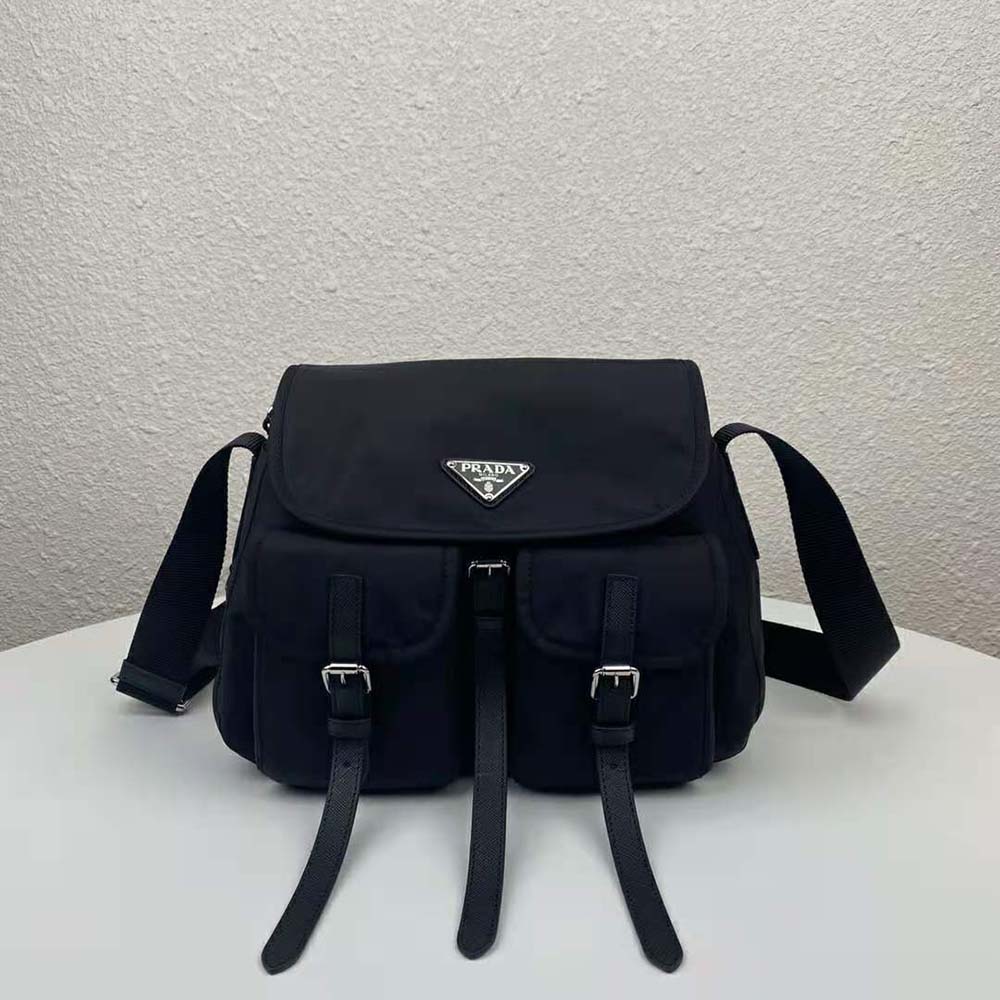 Close-up of Prada Women Nylon Shoulder Bag-Black silver-tone closure