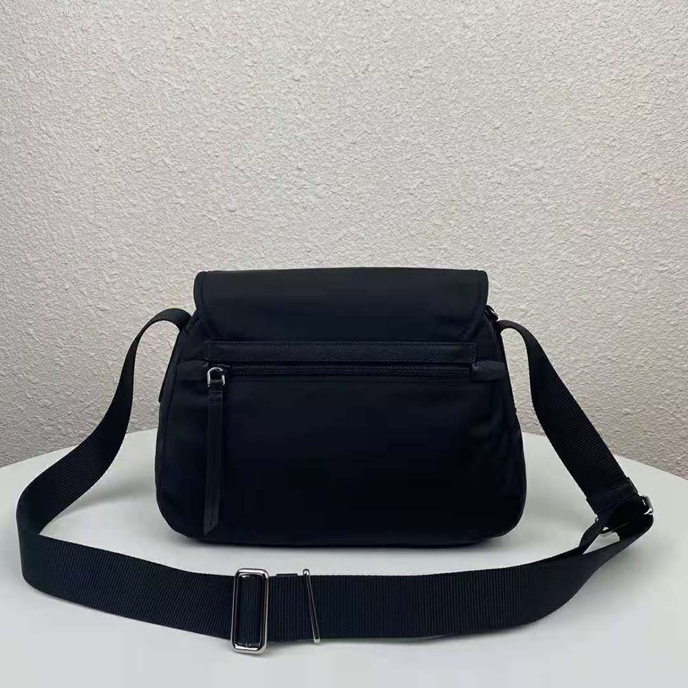 Side angle showing adjustable strap of Prada Women Nylon Shoulder Bag-Black
