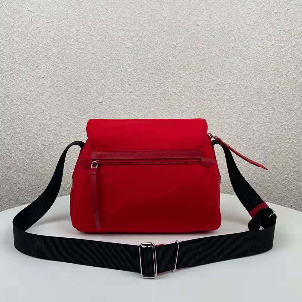 Side angle showing adjustable strap of Prada Women Nylon Shoulder Bag-Red