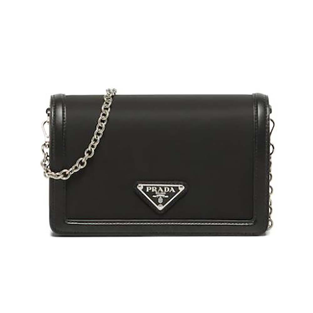 Front view of Prada Women Nylon and Leather Mini-Bag-Black with zip open