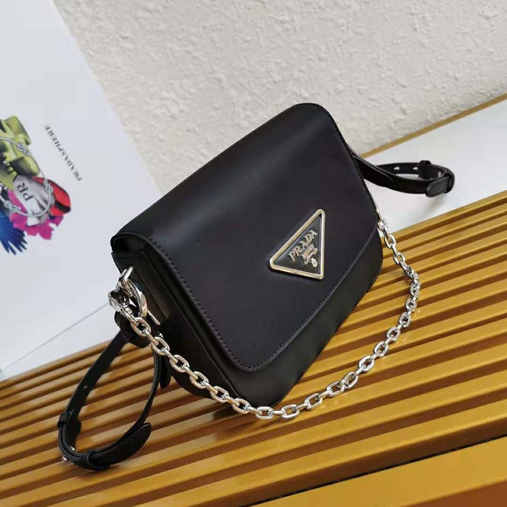 Side angle showing adjustable strap on Prada Ldentity Shoulder Bag-Black