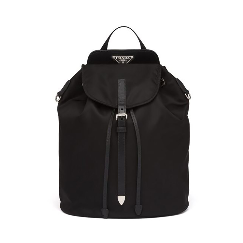 Front view of Prada Women Nylon and Saffiano Leather Backpack-Black with logo