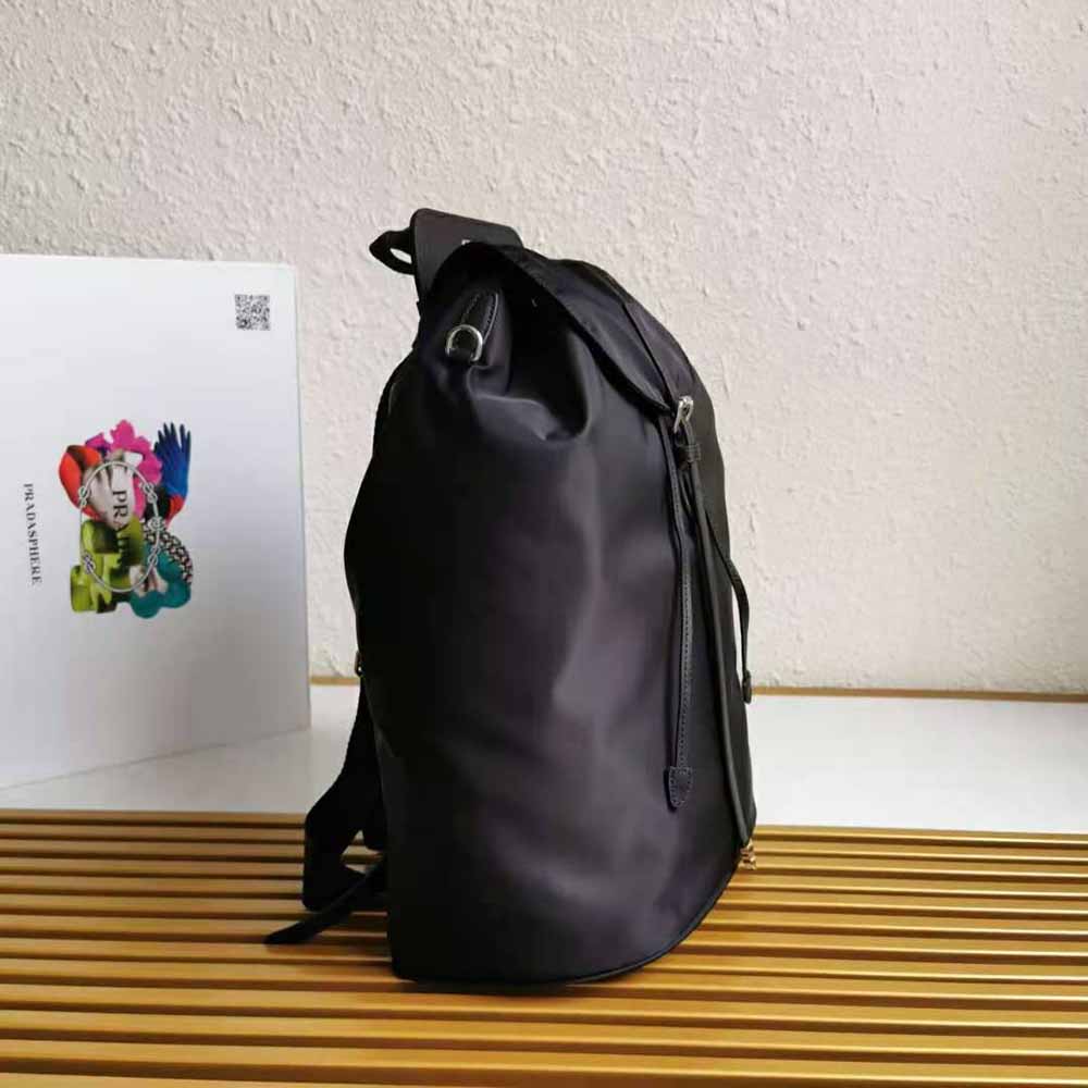 Side angle showing adjustable straps of Prada Women Nylon and Saffiano Leather Backpack-Black
