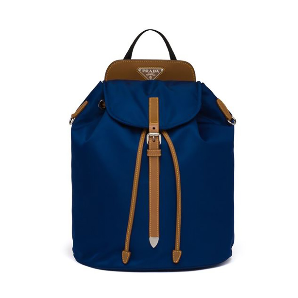 Front view of Prada Women Nylon and Saffiano Leather Backpack-Blue