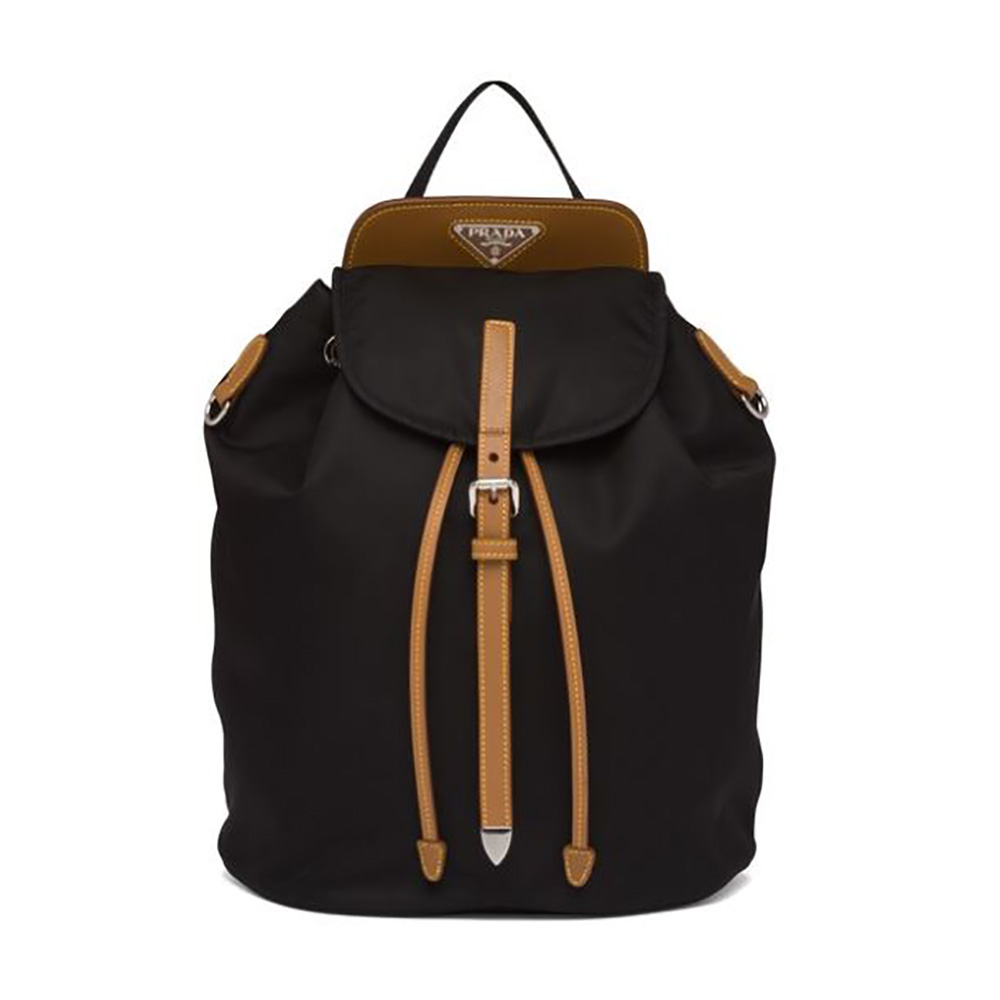 Front view of Prada Women Nylon and Saffiano Leather Backpack-Brown
