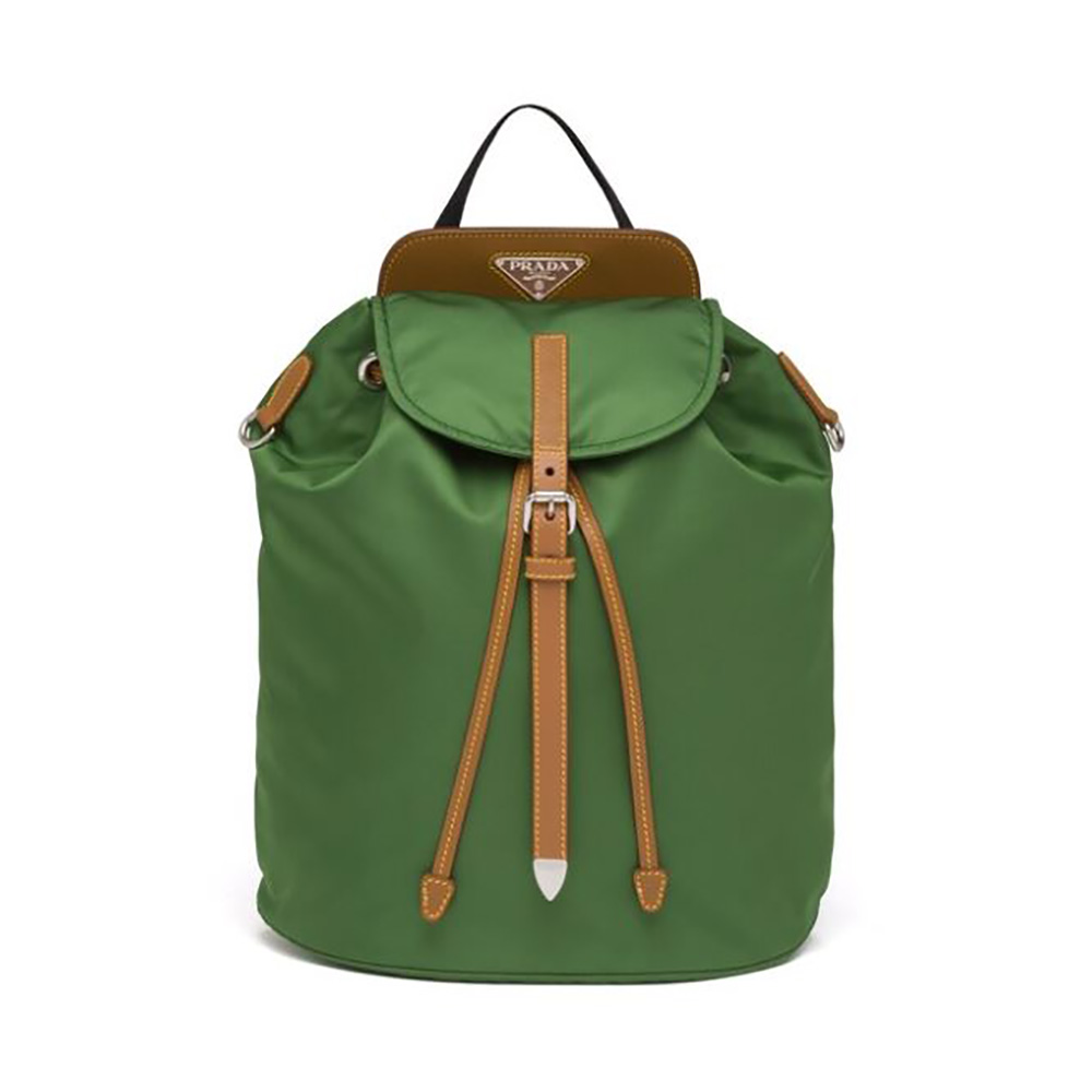 Front view of Prada Women Nylon and Saffiano Leather Backpack-Green